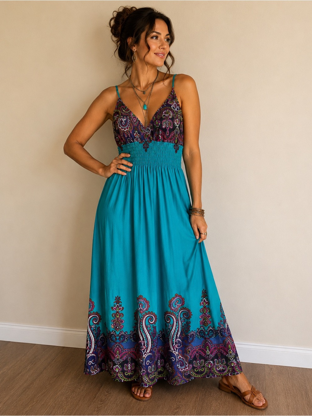 Bobbie Brooks 1X Teal Paisley Maxi Dress Boho Smocked Empire Waist Plus Size